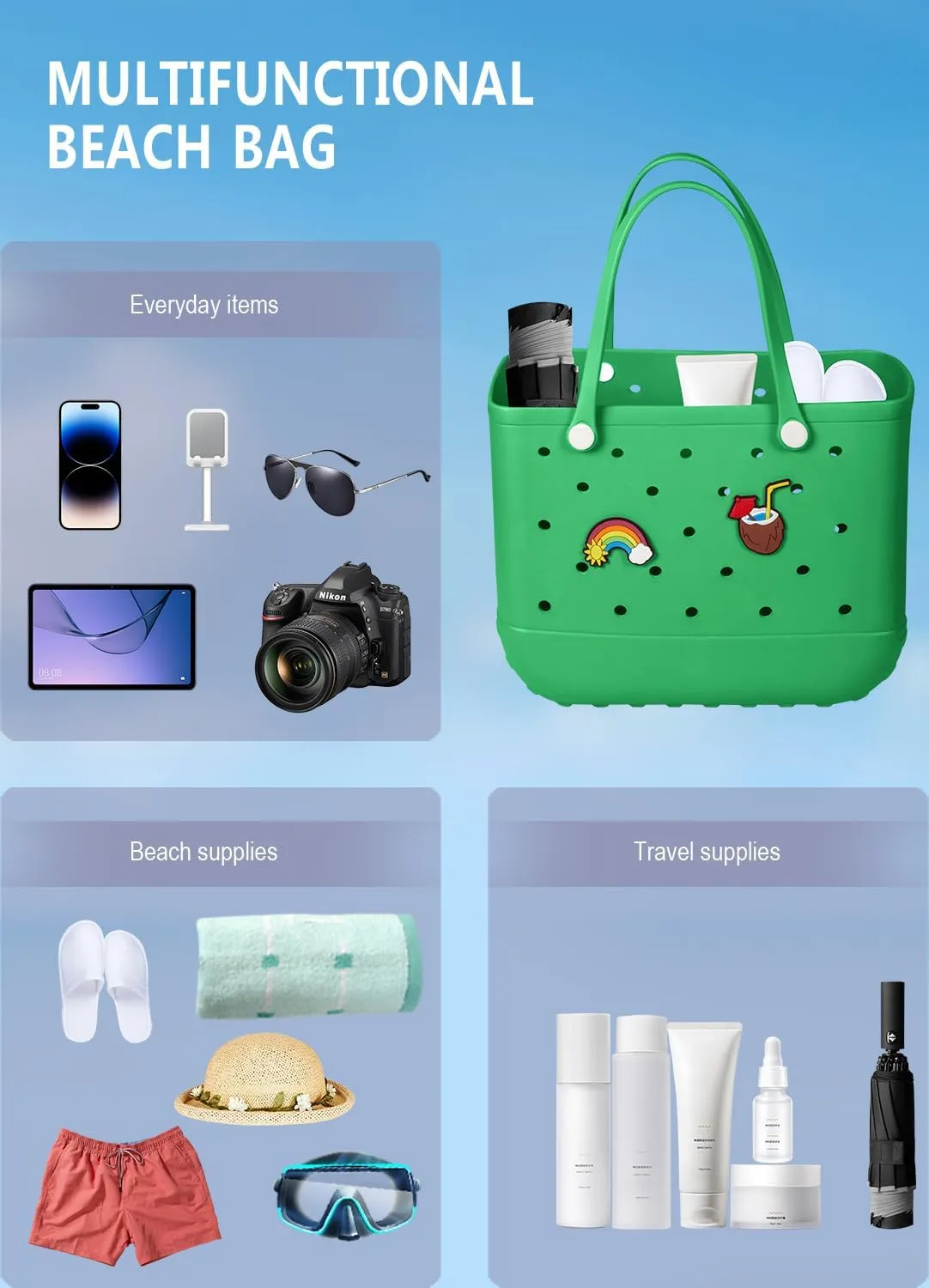 Beach Bag Rubber Tote Bag - Waterproof Travel Bag for Women Washable Tote Bag Handbag for Sports Beach Market Pool