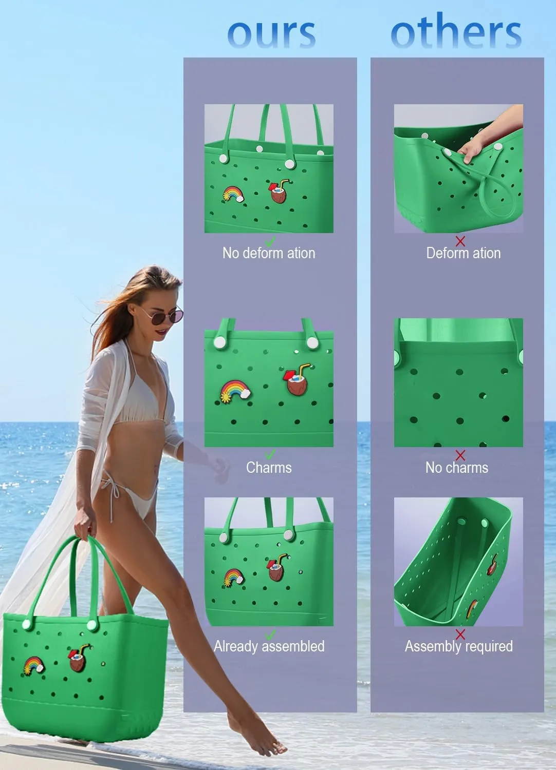 Beach Bag Rubber Tote Bag - Waterproof Travel Bag for Women Washable Tote Bag Handbag for Sports Beach Market Pool