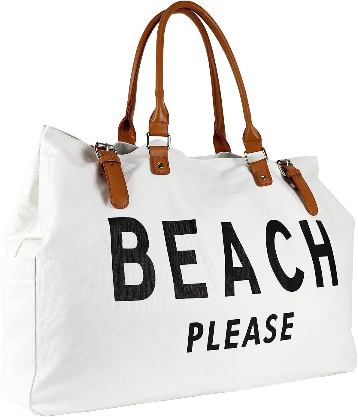 Beach Bag with Vegan Leather Handle, Extra Large Beach Bag for Women Waterproof Sandproof, White