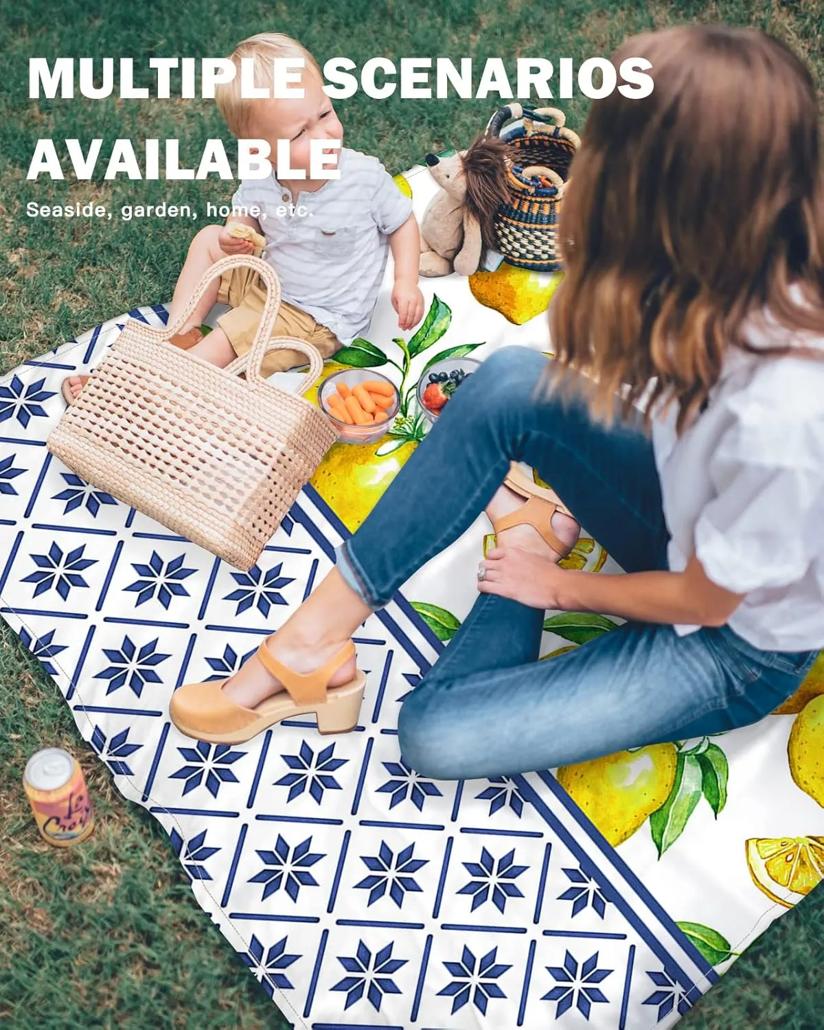 Beach Blanket Sandproof Oversized 118" x 108" Summer Fresh Lemon Waterproof Quick Drying Sand Free Mat Indigo Blue Tile Pattern Picnic Blankets for Outdoor Travel Camping Hiking Park