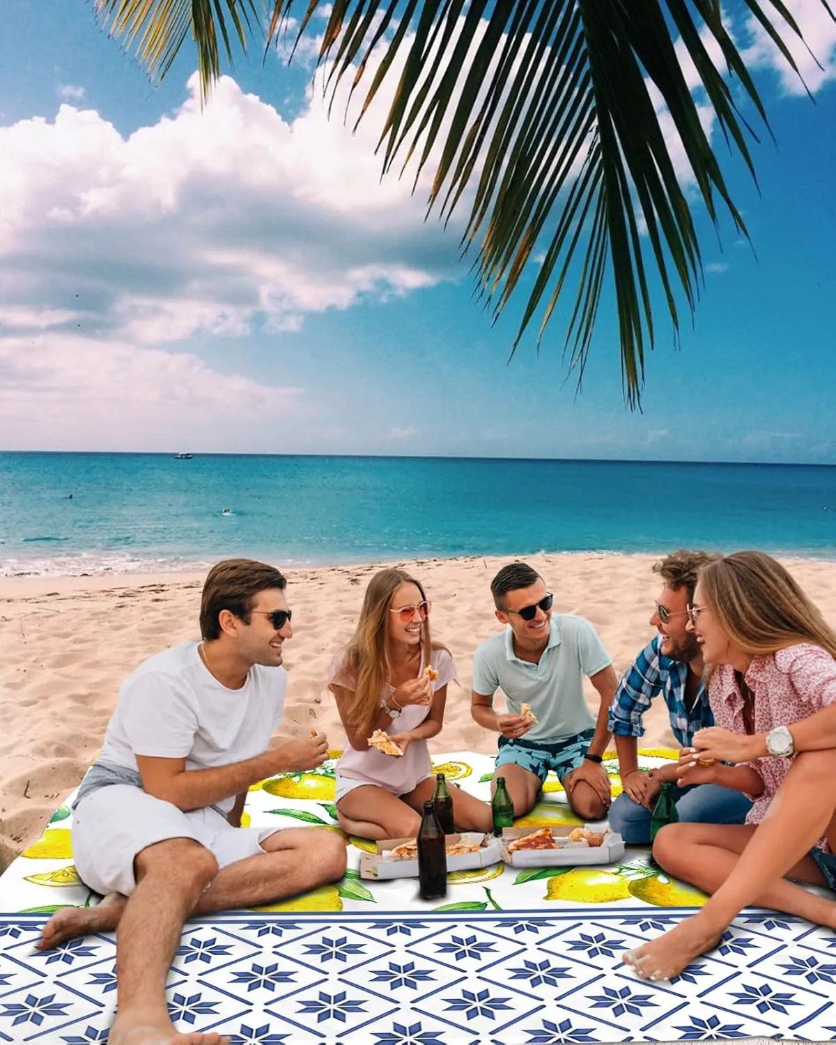 Beach Blanket Sandproof Oversized 118" x 108" Summer Fresh Lemon Waterproof Quick Drying Sand Free Mat Indigo Blue Tile Pattern Picnic Blankets for Outdoor Travel Camping Hiking Park