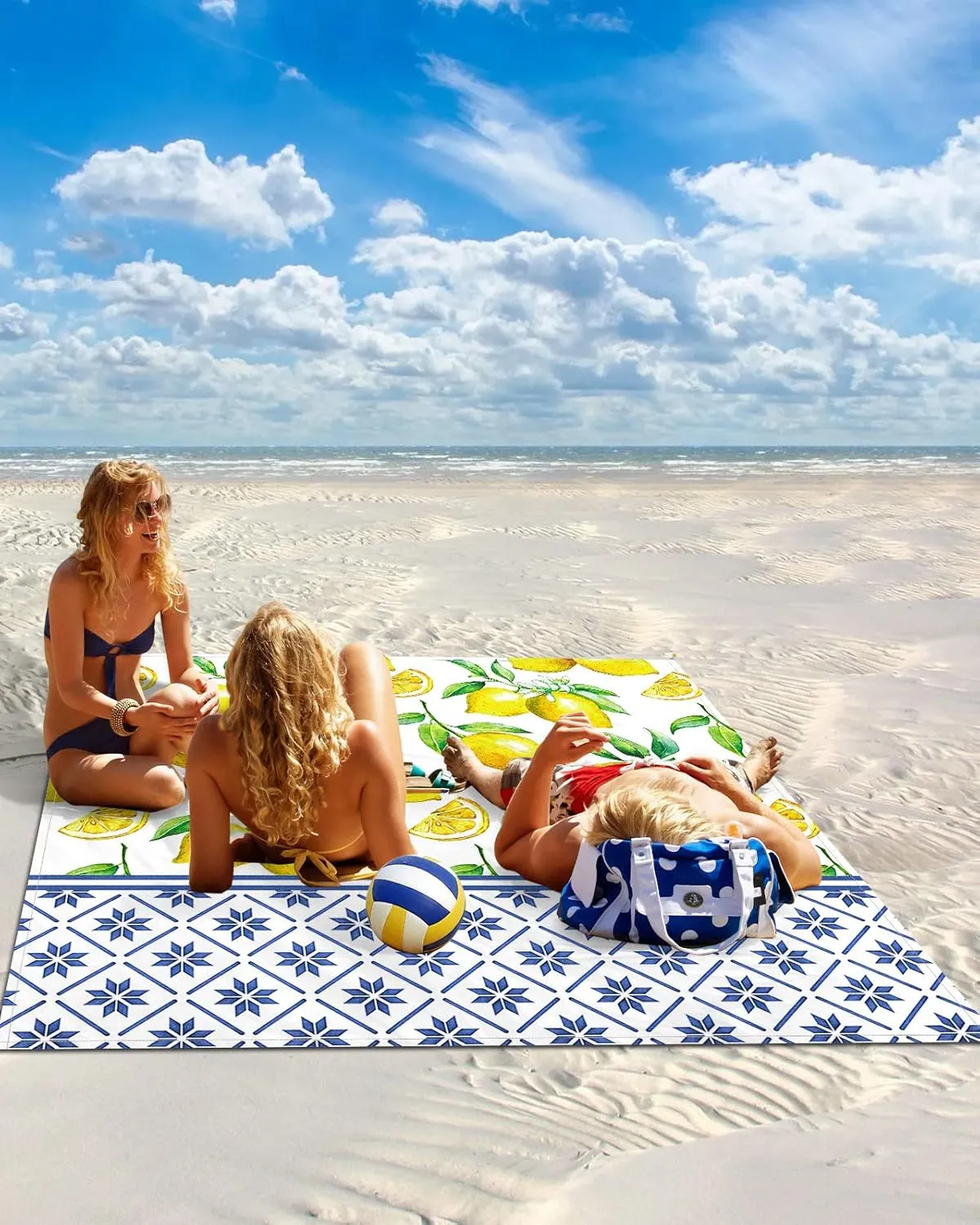 Beach Blanket Sandproof Oversized 118" x 108" Summer Fresh Lemon Waterproof Quick Drying Sand Free Mat Indigo Blue Tile Pattern Picnic Blankets for Outdoor Travel Camping Hiking Park