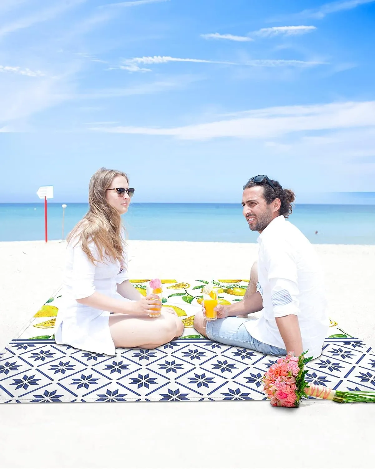 Beach Blanket Sandproof Oversized 118" x 108" Summer Fresh Lemon Waterproof Quick Drying Sand Free Mat Indigo Blue Tile Pattern Picnic Blankets for Outdoor Travel Camping Hiking Park