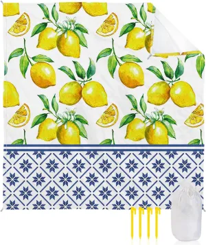 Beach Blanket Sandproof Oversized 118" x 108" Summer Fresh Lemon Waterproof Quick Drying Sand Free Mat Indigo Blue Tile Pattern Picnic Blankets for Outdoor Travel Camping Hiking Park