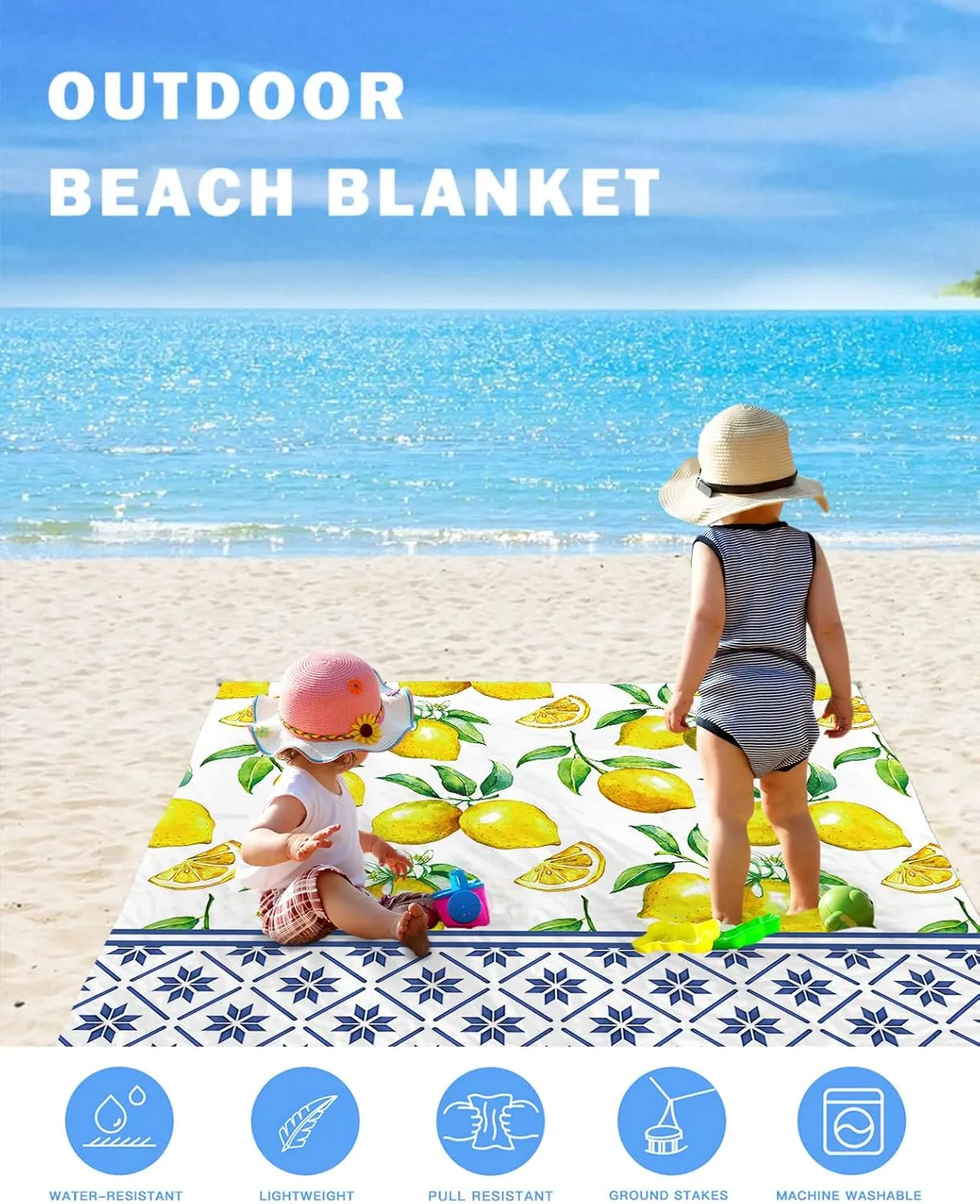 Beach Blanket Sandproof Oversized 118" x 108" Summer Fresh Lemon Waterproof Quick Drying Sand Free Mat Indigo Blue Tile Pattern Picnic Blankets for Outdoor Travel Camping Hiking Park