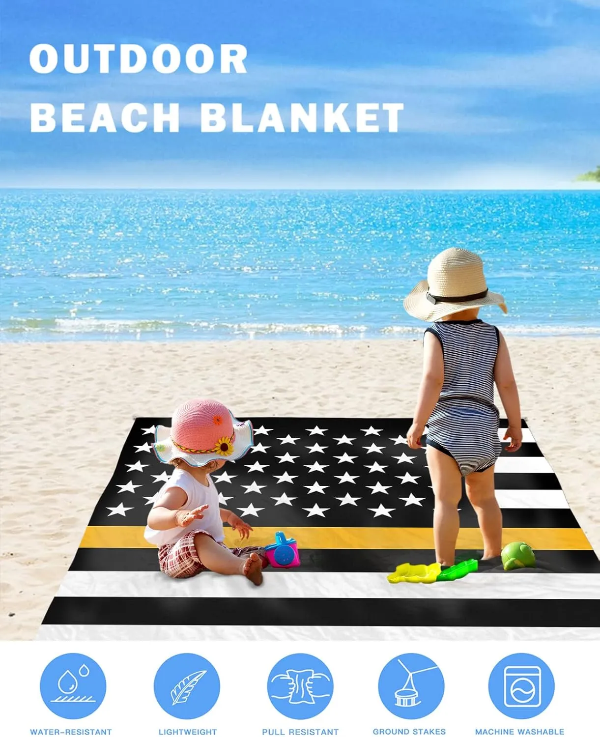 Beach Blanket Sandproof Oversized 95" x 80" Backup Emergency Communications Thin Gold Line Waterproof Quick Drying Sand Free Mat USA Flag Picnic Blankets for Outdoor Travel Camping Hiking Park