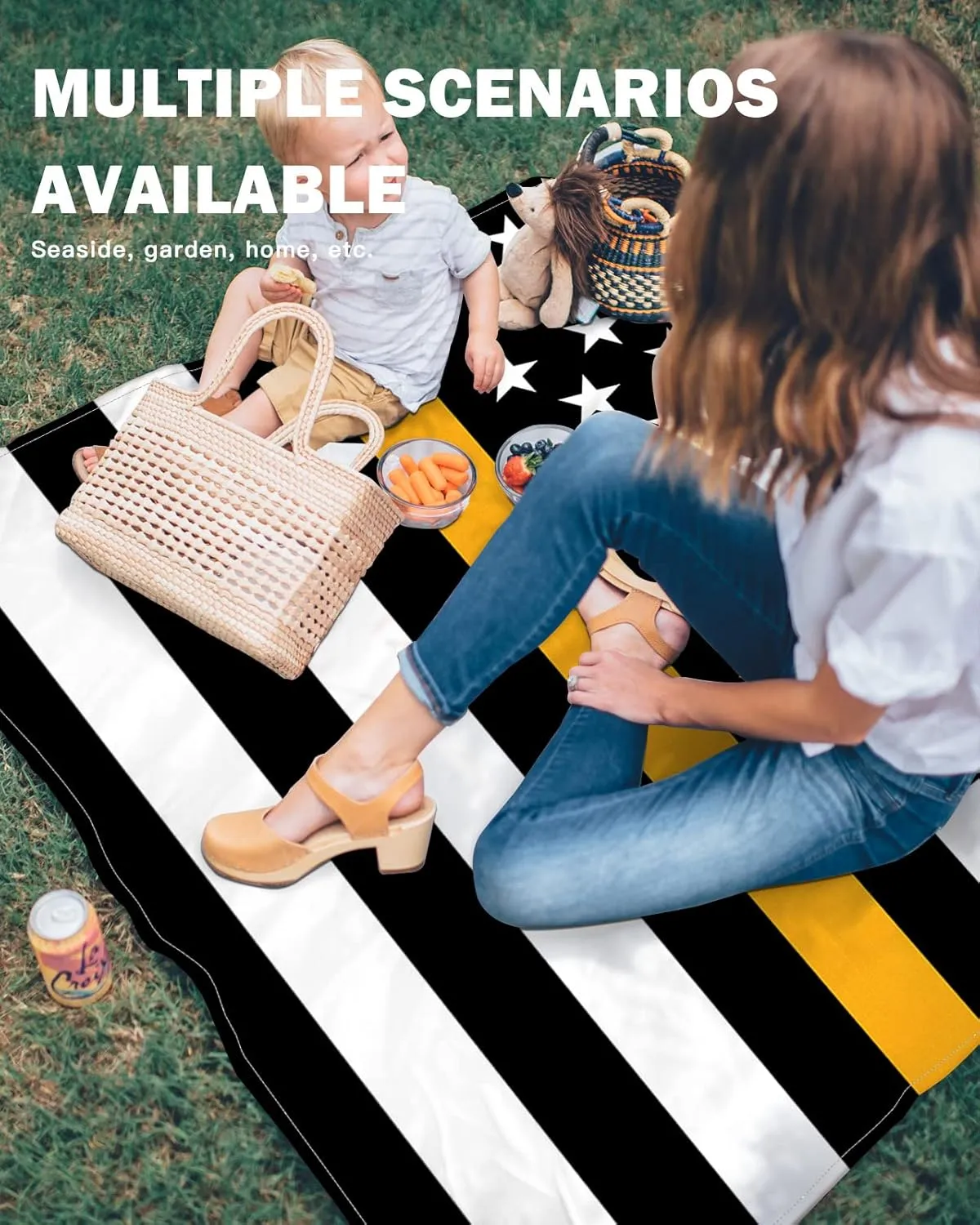 Beach Blanket Sandproof Oversized 95" x 80" Backup Emergency Communications Thin Gold Line Waterproof Quick Drying Sand Free Mat USA Flag Picnic Blankets for Outdoor Travel Camping Hiking Park