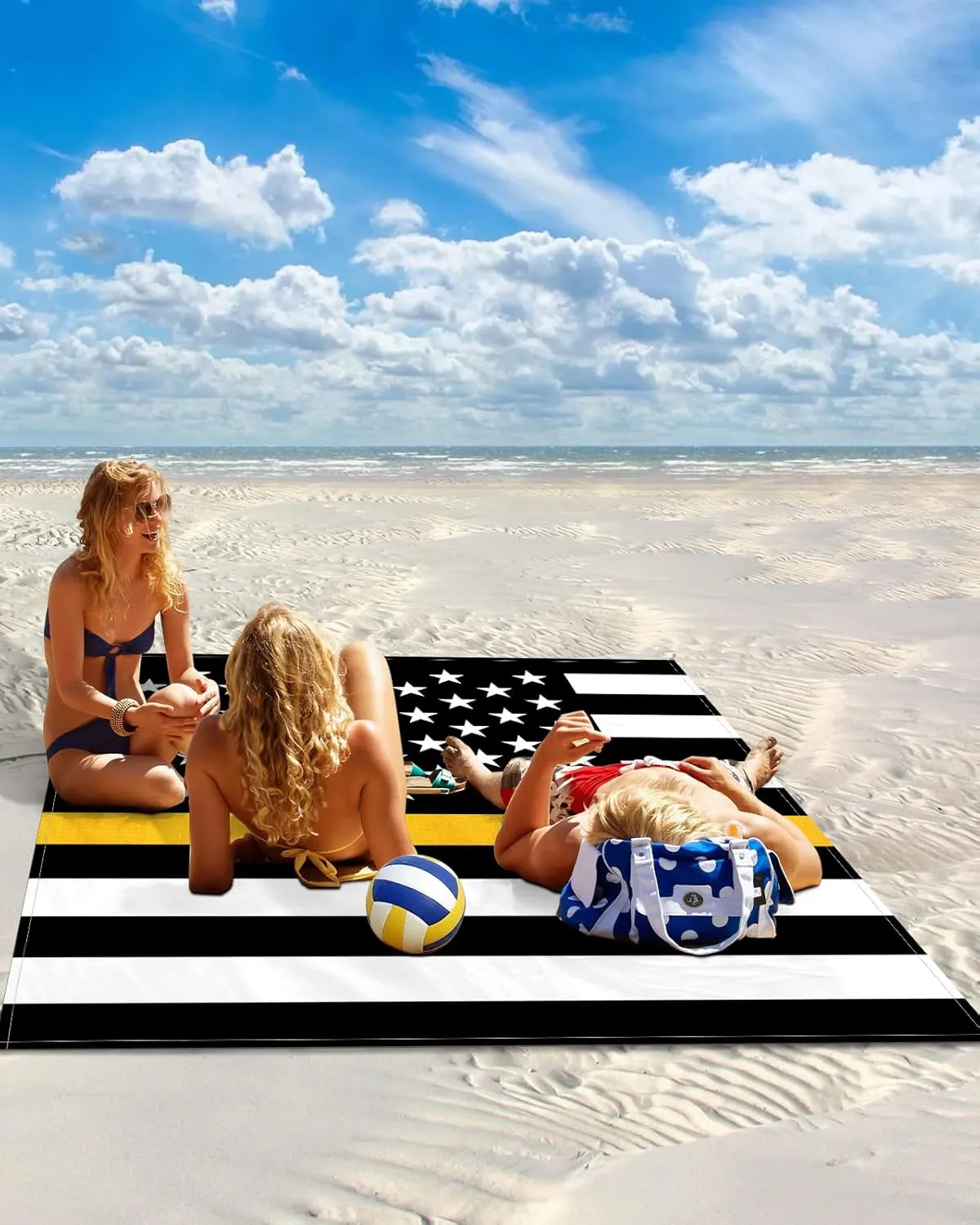 Beach Blanket Sandproof Oversized 95" x 80" Backup Emergency Communications Thin Gold Line Waterproof Quick Drying Sand Free Mat USA Flag Picnic Blankets for Outdoor Travel Camping Hiking Park