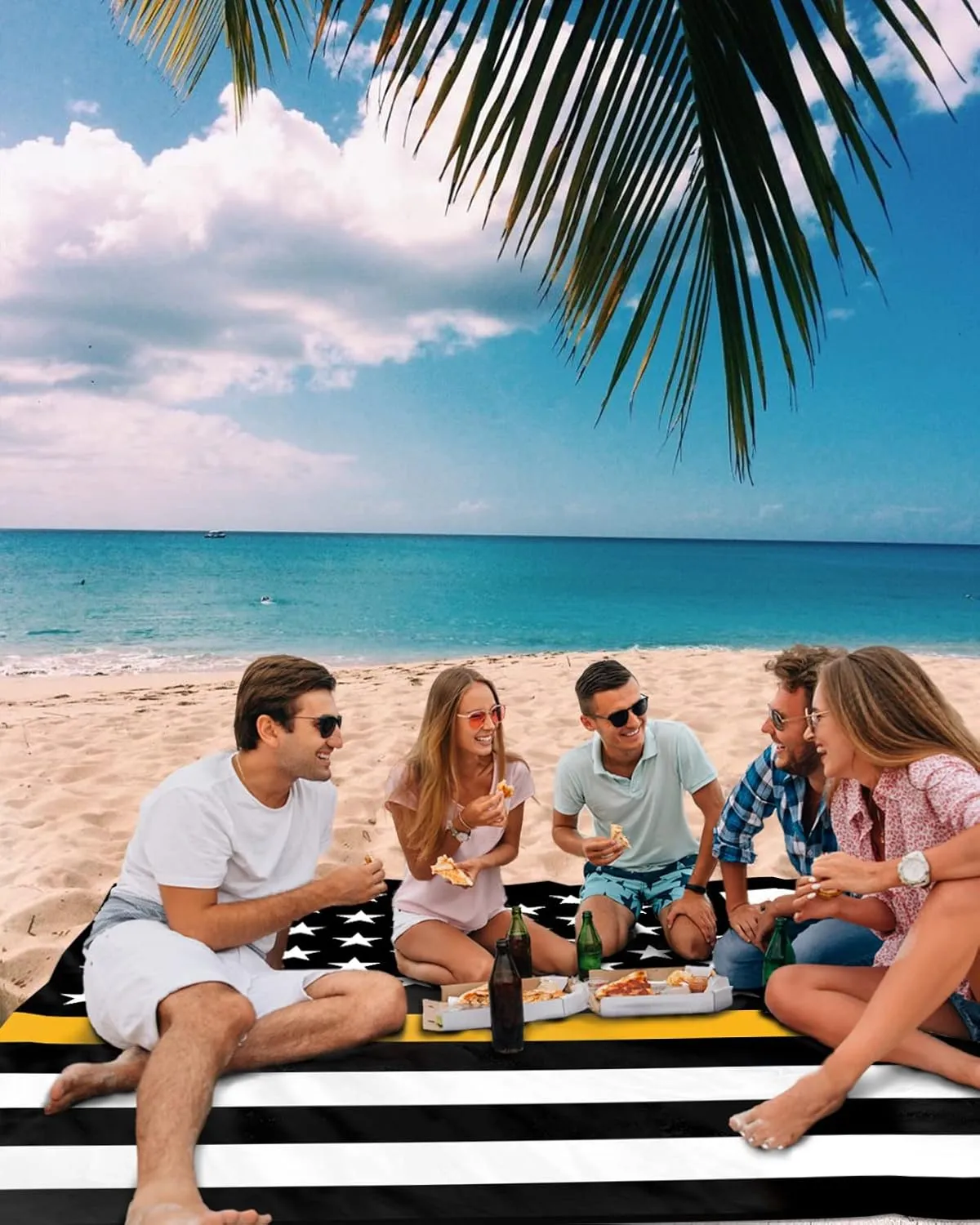 Beach Blanket Sandproof Oversized 95" x 80" Backup Emergency Communications Thin Gold Line Waterproof Quick Drying Sand Free Mat USA Flag Picnic Blankets for Outdoor Travel Camping Hiking Park