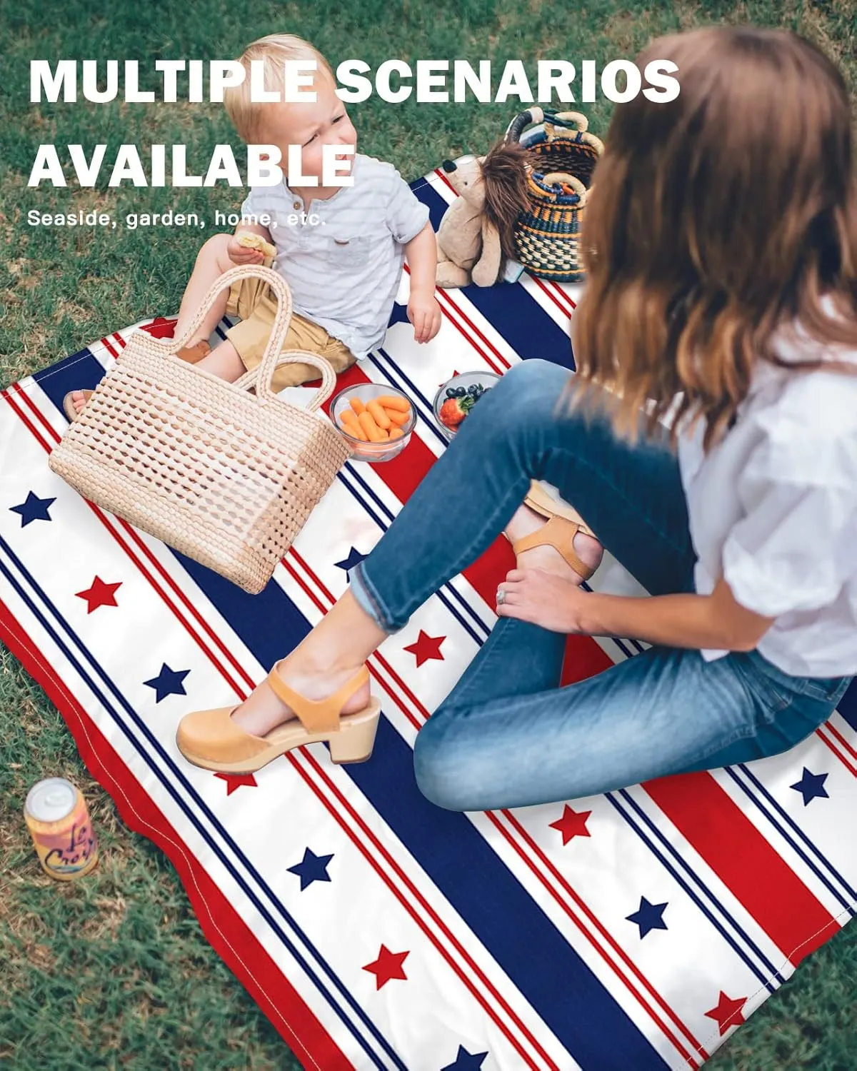 Beach Blanket Sandproof Oversized 95" x 80" July 4th Star Stripes Waterproof Quick Drying Sand Free Mat Red Blue White Picnic Blankets for Outdoor Travel Camping Hiking Park