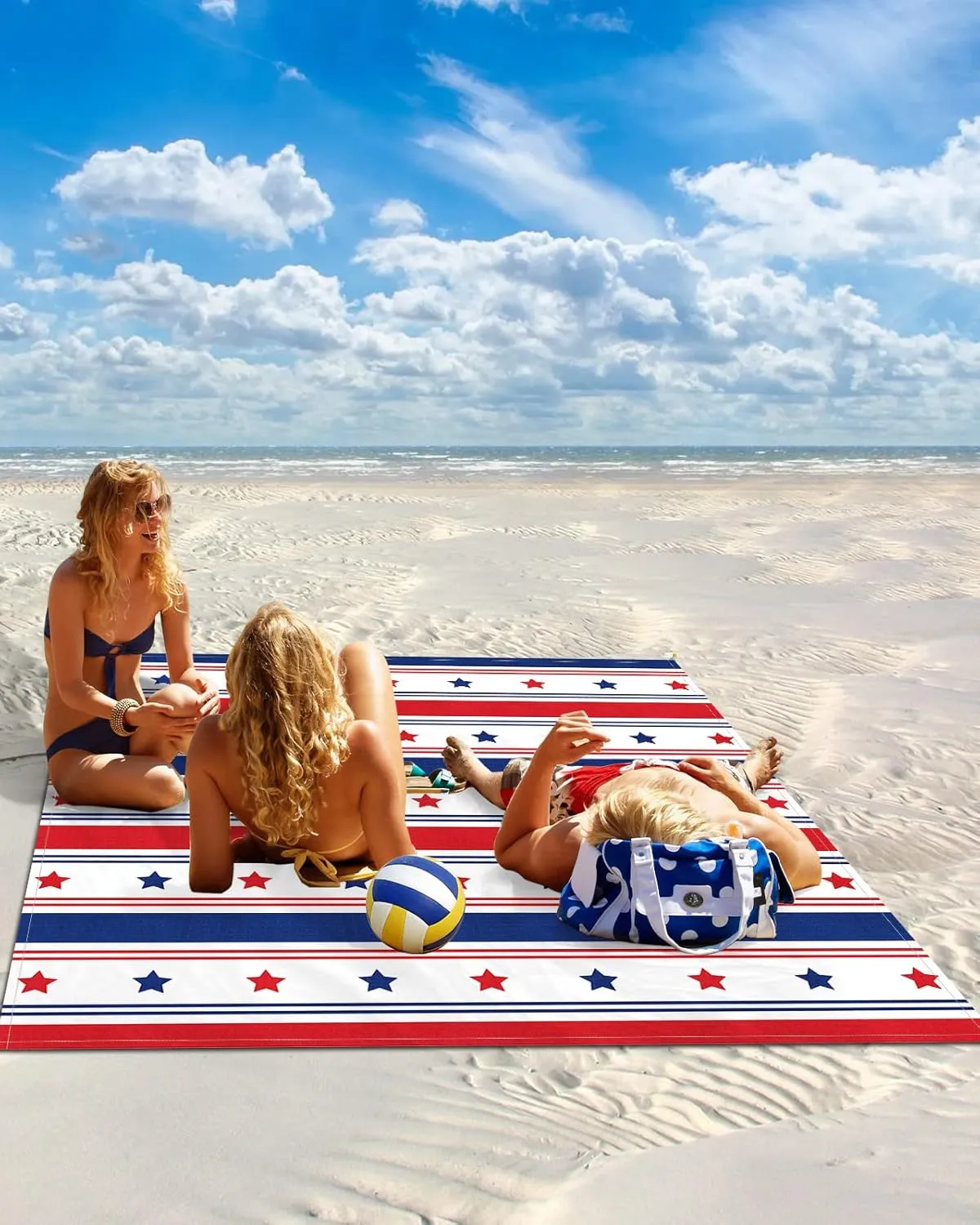 Beach Blanket Sandproof Oversized 95" x 80" July 4th Star Stripes Waterproof Quick Drying Sand Free Mat Red Blue White Picnic Blankets for Outdoor Travel Camping Hiking Park