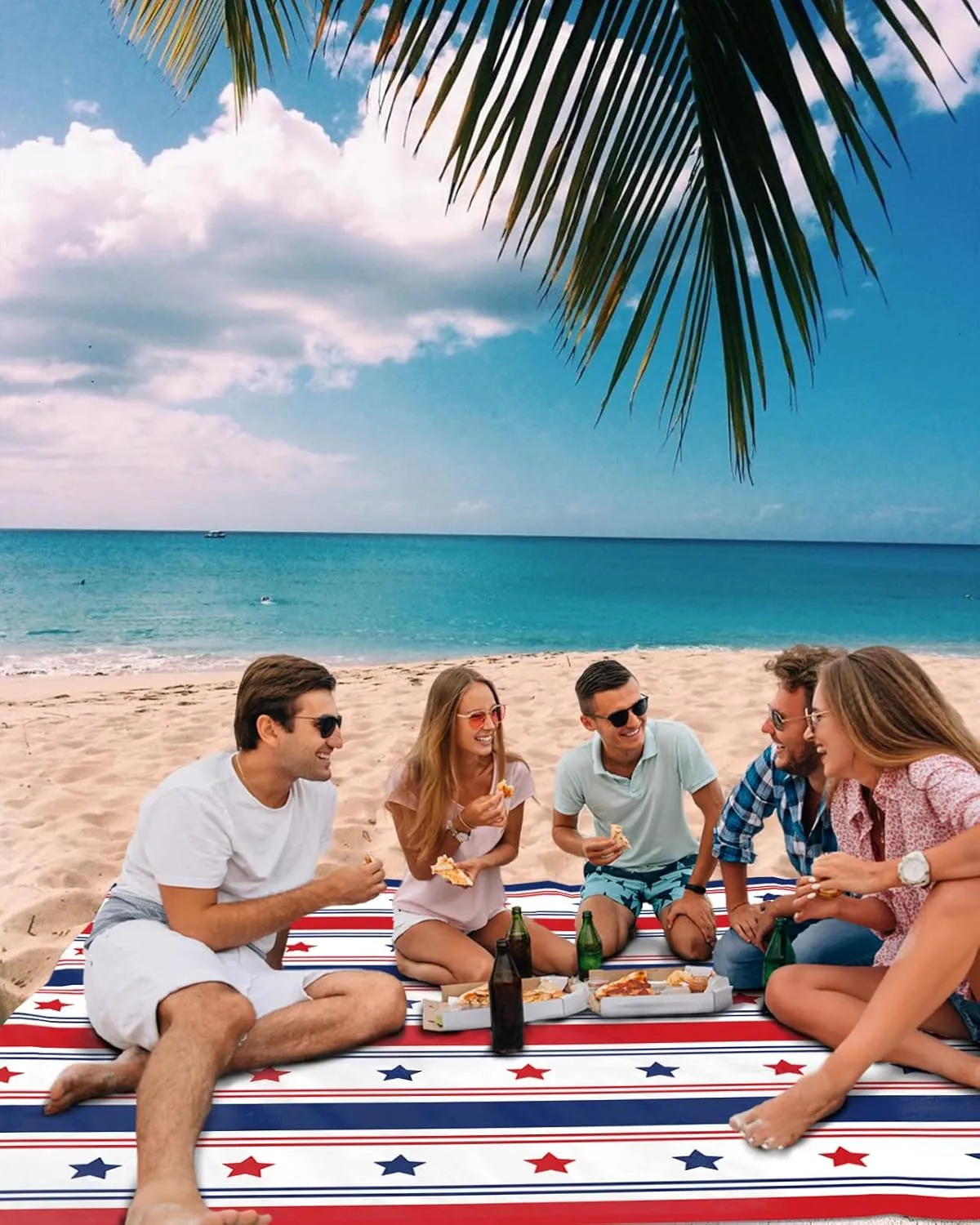 Beach Blanket Sandproof Oversized 95" x 80" July 4th Star Stripes Waterproof Quick Drying Sand Free Mat Red Blue White Picnic Blankets for Outdoor Travel Camping Hiking Park