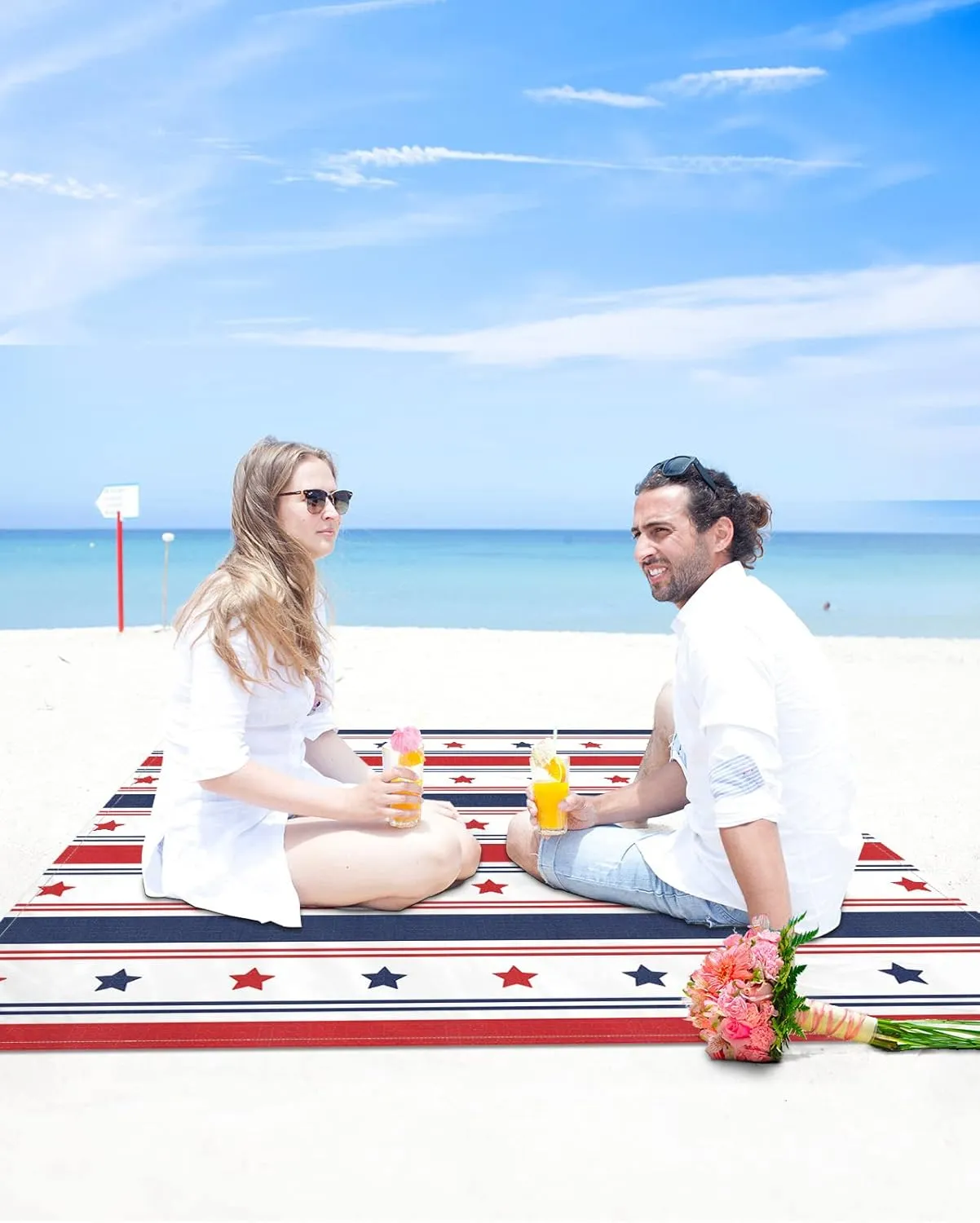 Beach Blanket Sandproof Oversized 95" x 80" July 4th Star Stripes Waterproof Quick Drying Sand Free Mat Red Blue White Picnic Blankets for Outdoor Travel Camping Hiking Park