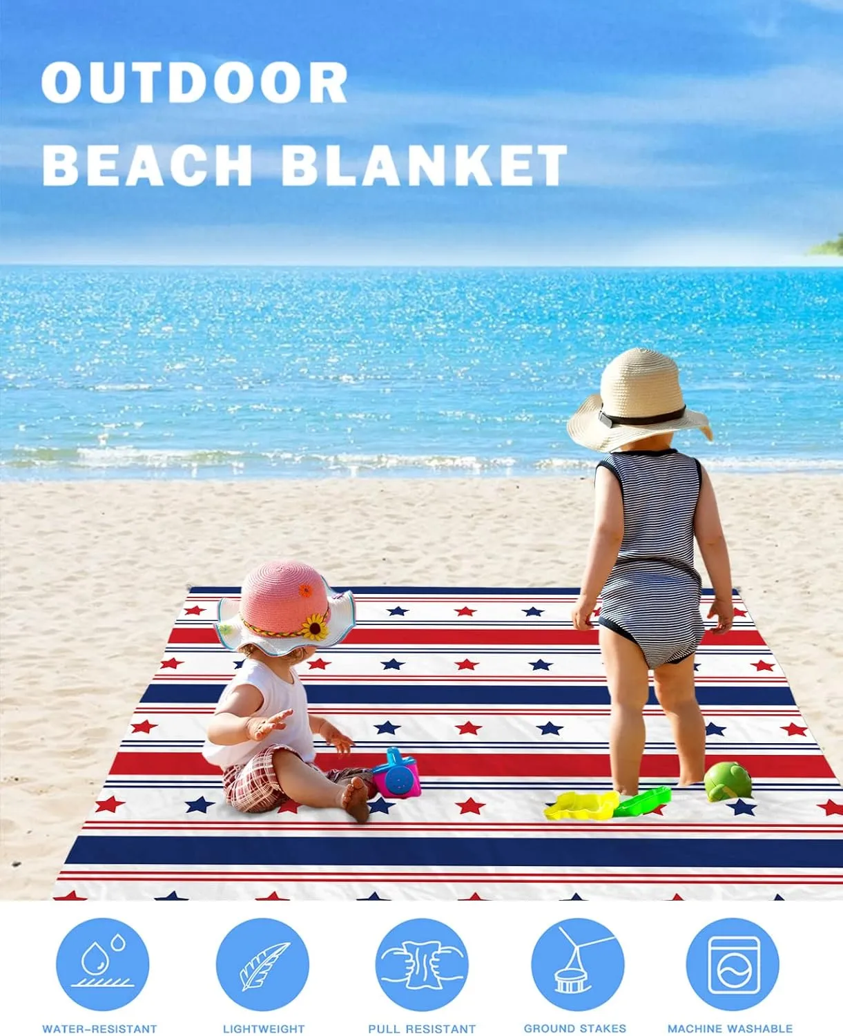 Beach Blanket Sandproof Oversized 95" x 80" July 4th Star Stripes Waterproof Quick Drying Sand Free Mat Red Blue White Picnic Blankets for Outdoor Travel Camping Hiking Park