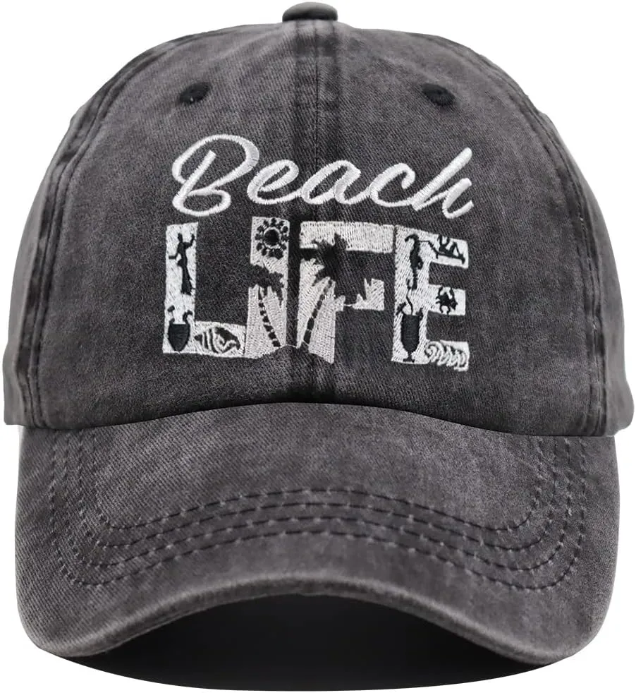 Beach Life Hat, Beach Hair Don't Care Baseball Cap Vintage Embroidered Adjustable Distressed Washed for Men Women