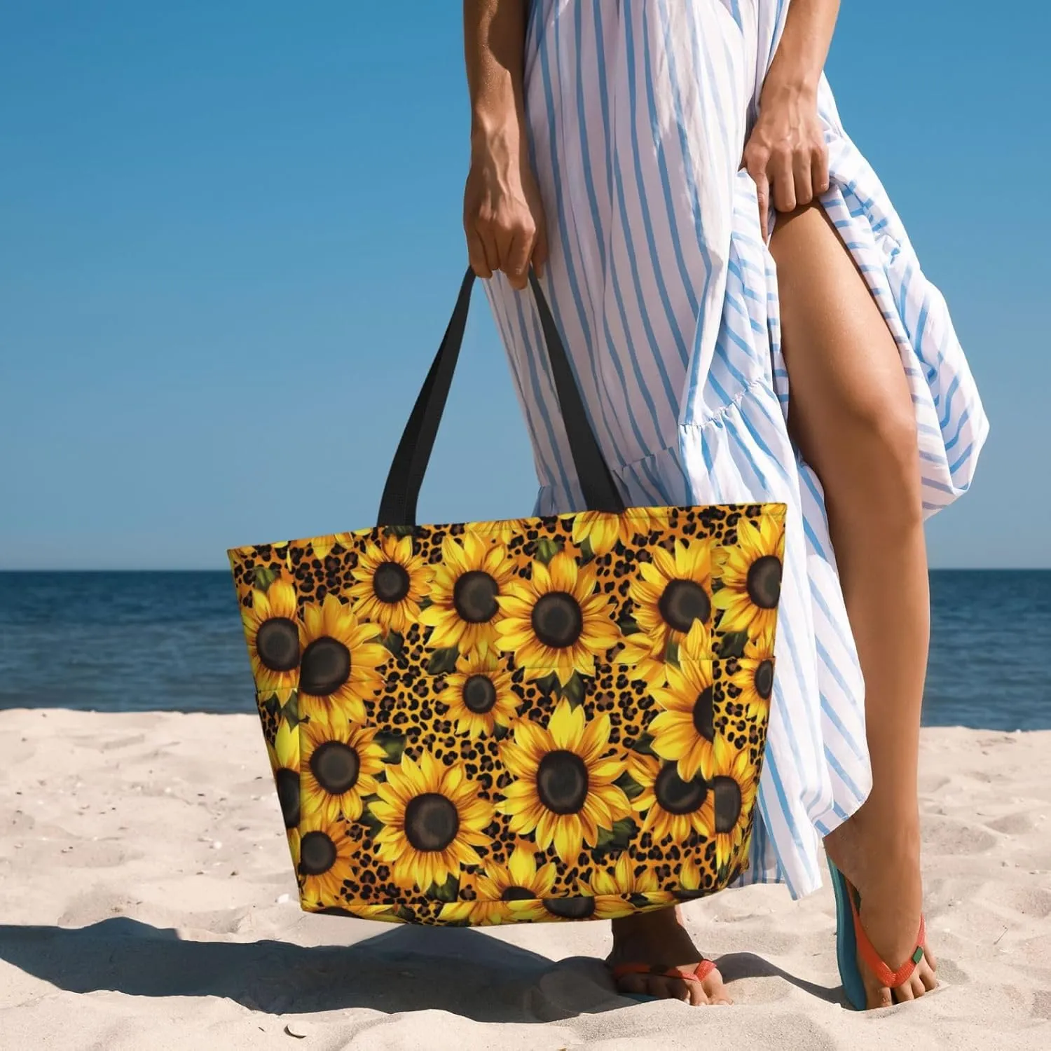 Beach Tote Bag for Women Foldable Waterproof and Sandproof Tote Bag with Zipper Print Beach Bag Large Travel Bag