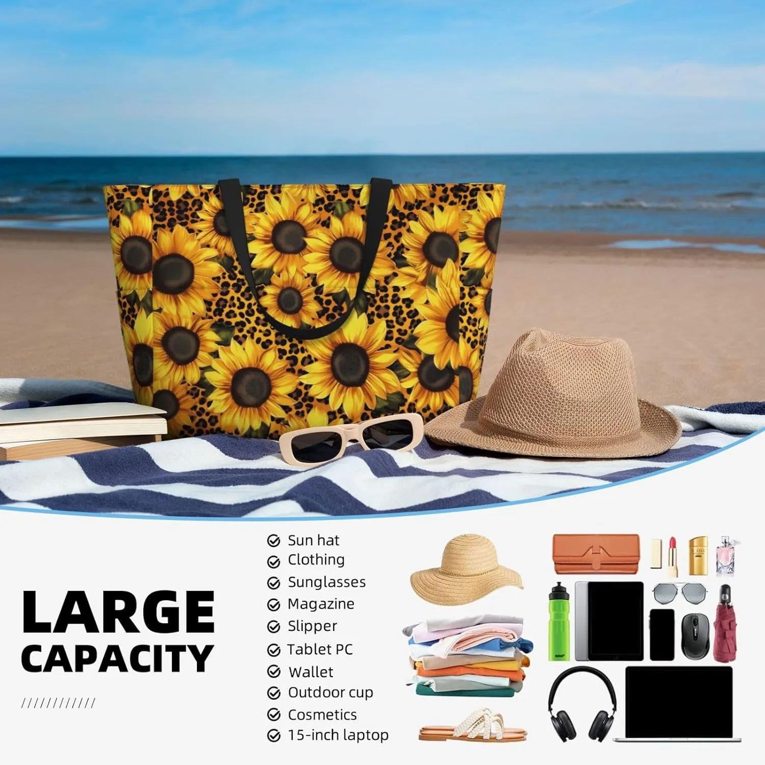 Beach Tote Bag for Women Foldable Waterproof and Sandproof Tote Bag with Zipper Print Beach Bag Large Travel Bag