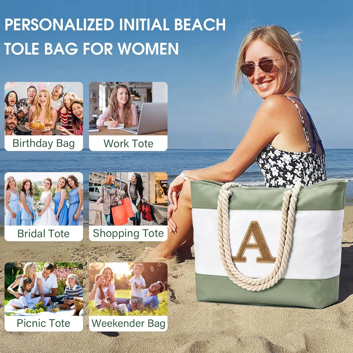 Becokan Initial Beach Bag Waterproof Canvas Beach Tote Bag Zipper Personalized Gifts for Women Her Birthday Travel Essentials