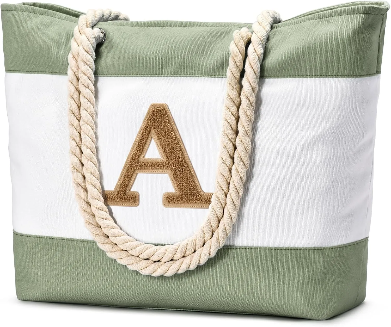 Becokan Initial Beach Bag Waterproof Canvas Beach Tote Bag Zipper Personalized Gifts for Women Her Birthday Travel Essentials