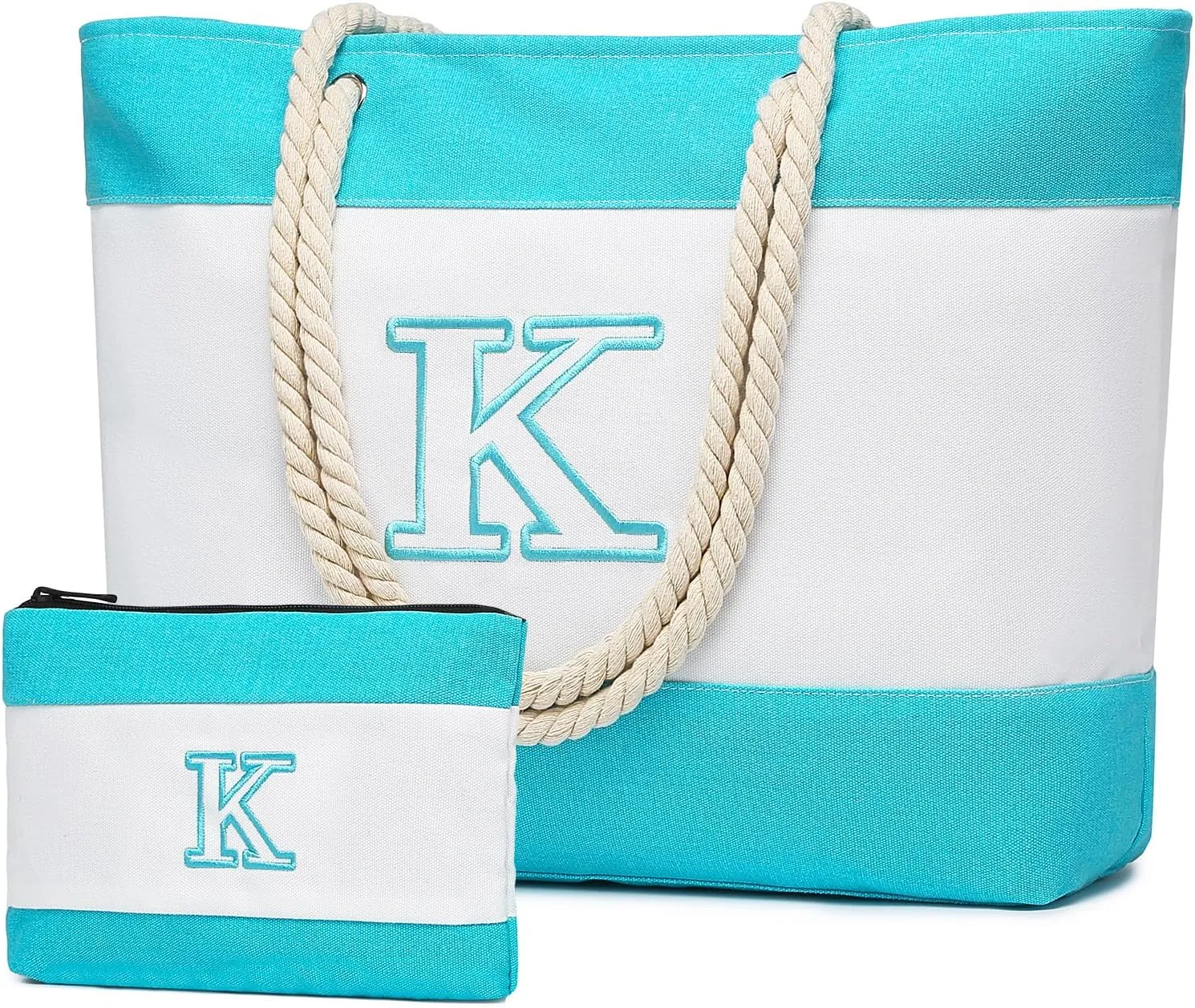 Becokan Initial Beach Bag Waterproof Canvas Beach Tote Bag Zipper Personalized Gifts for Women Her Birthday Travel Essentials