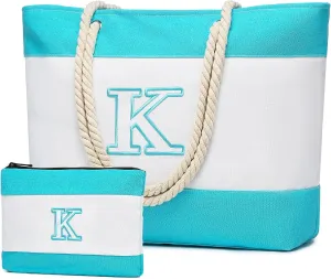 Becokan Initial Beach Bag Waterproof Canvas Beach Tote Bag Zipper Personalized Gifts for Women Her Birthday Travel Essentials