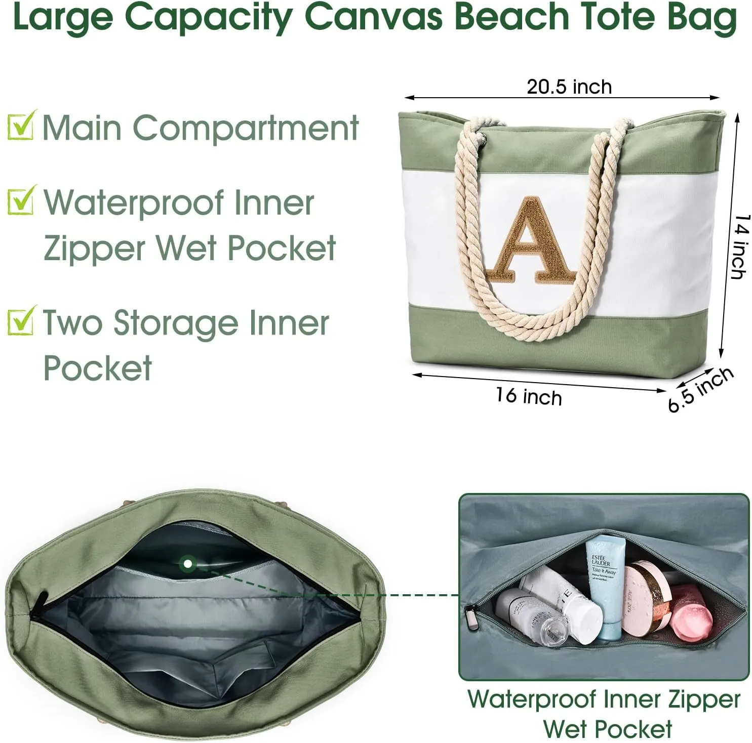 Becokan Initial Beach Bag Waterproof Canvas Beach Tote Bag Zipper Personalized Gifts for Women Her Birthday Travel Essentials