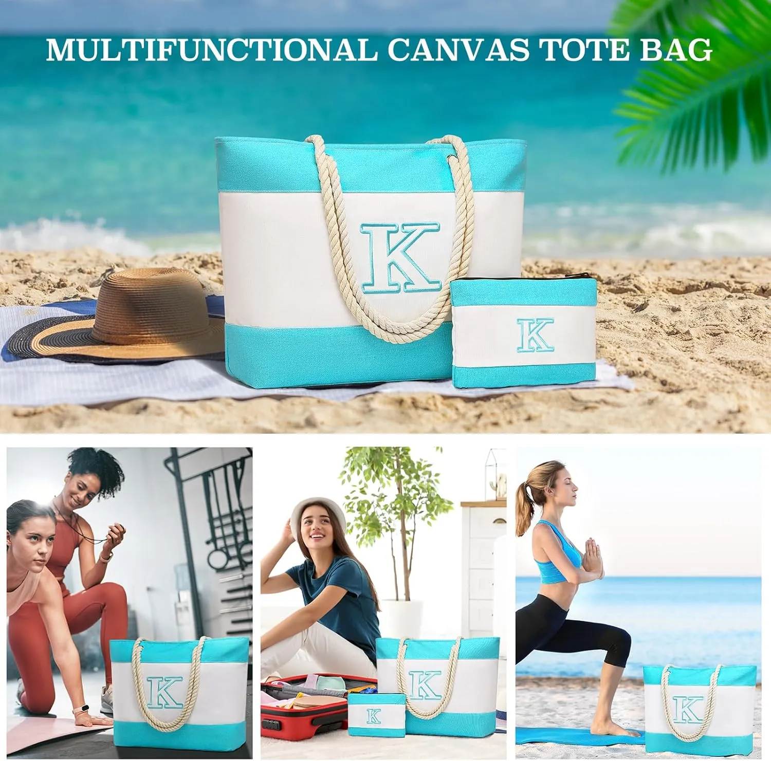 Becokan Initial Beach Bag Waterproof Canvas Beach Tote Bag Zipper Personalized Gifts for Women Her Birthday Travel Essentials