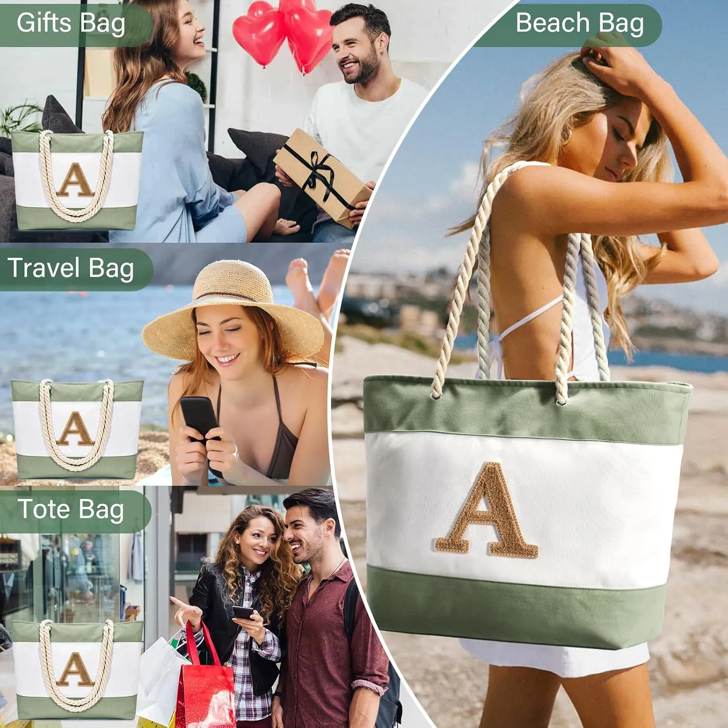 Becokan Initial Beach Bag Waterproof Canvas Beach Tote Bag Zipper Personalized Gifts for Women Her Birthday Travel Essentials