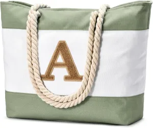 Becokan Initial Beach Bag Waterproof Canvas Beach Tote Bag Zipper Personalized Gifts for Women Her Birthday Travel Essentials