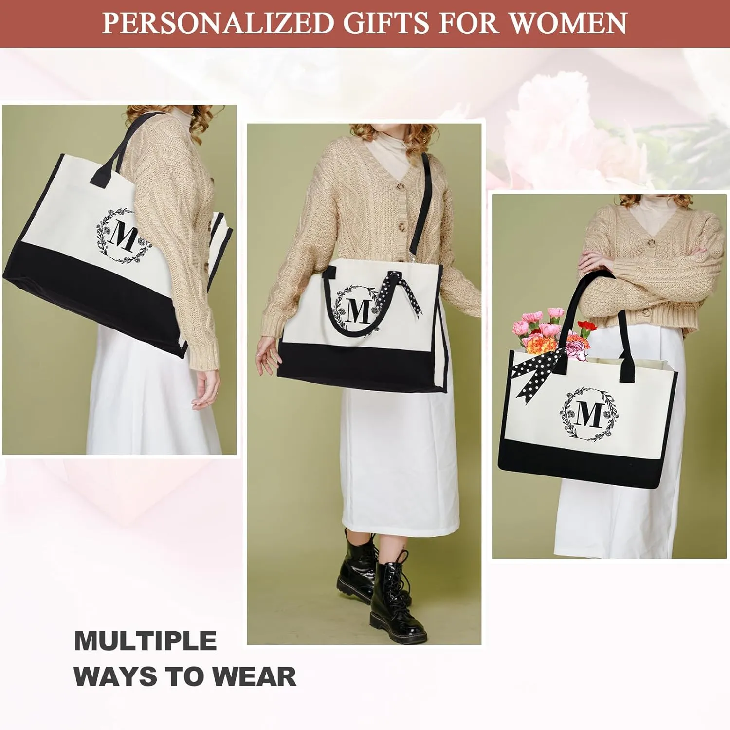 BeeGreen Initial Canvas/Jute Tote Bag Personalized Bag for Wedding, Birthday, Beach, Gift for Women, Mom, Teacher,Friend