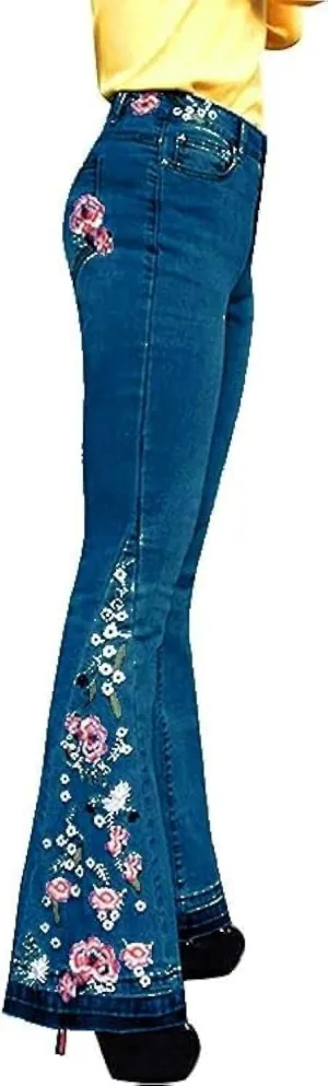 Bell Bottom Jeans Floral Embroidered Jeans Women Stretch Flare Jean Plus Size Bell-Bottoms Y2k Wide Leg Denim Pants
