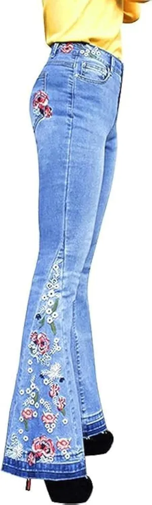 Bell Bottom Jeans Floral Embroidered Jeans Women Stretch Flare Jean Plus Size Bell-Bottoms Y2k Wide Leg Denim Pants