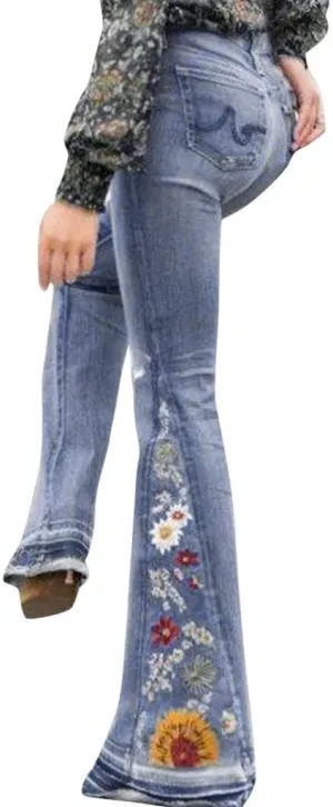 Bell Bottom Jeans Floral Embroidered Jeans Women Stretch Flare Jean Plus Size Bell-Bottoms Y2k Wide Leg Denim Pants
