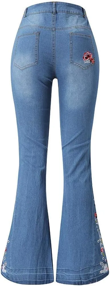 Bell Bottom Jeans Floral Embroidered Jeans Women Stretch Flare Jean Plus Size Bell-Bottoms Y2k Wide Leg Denim Pants