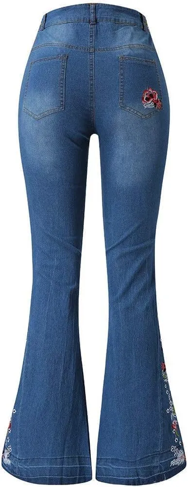 Bell Bottom Jeans Floral Embroidered Jeans Women Stretch Flare Jean Plus Size Bell-Bottoms Y2k Wide Leg Denim Pants