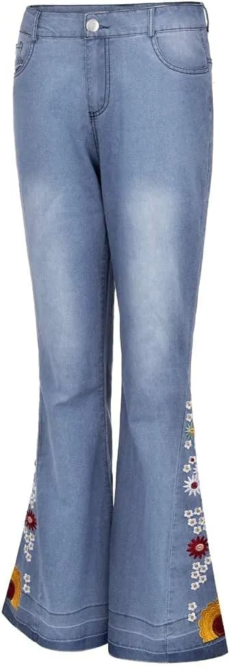 Bell Bottom Jeans Floral Embroidered Jeans Women Stretch Flare Jean Plus Size Bell-Bottoms Y2k Wide Leg Denim Pants