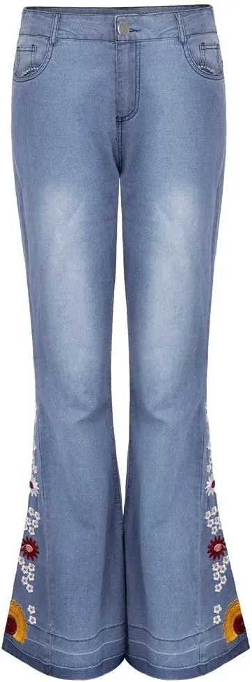 Bell Bottom Jeans Floral Embroidered Jeans Women Stretch Flare Jean Plus Size Bell-Bottoms Y2k Wide Leg Denim Pants