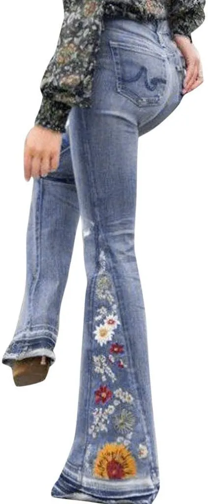 Bell Bottom Jeans Floral Embroidered Jeans Women Stretch Flare Jean Plus Size Bell-Bottoms Y2k Wide Leg Denim Pants
