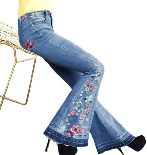 Bell Bottom Jeans for Women Floral Embroidered Jean High RiseFlare Jeans Y2K Wide Leg Denim Pants 70S Outfits