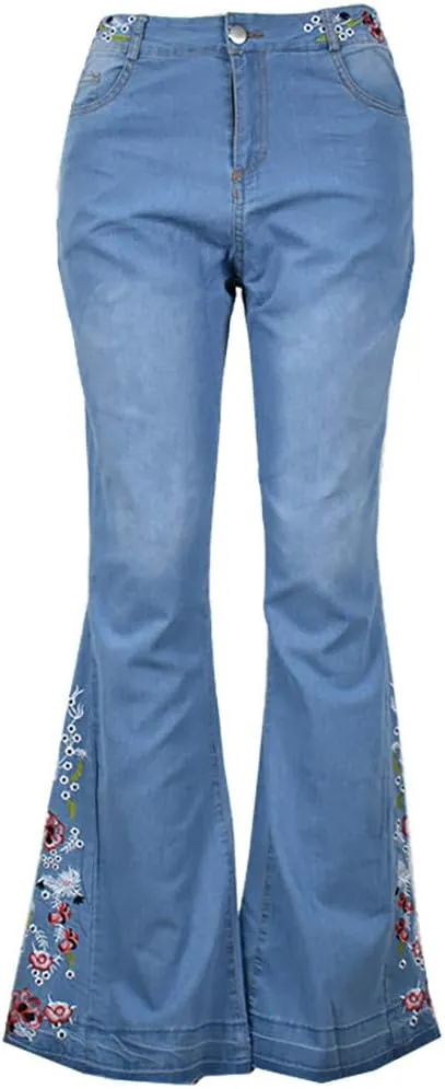 Bell Bottom Jeans for Women Floral Embroidered Jean High RiseFlare Jeans Y2K Wide Leg Denim Pants 70S Outfits