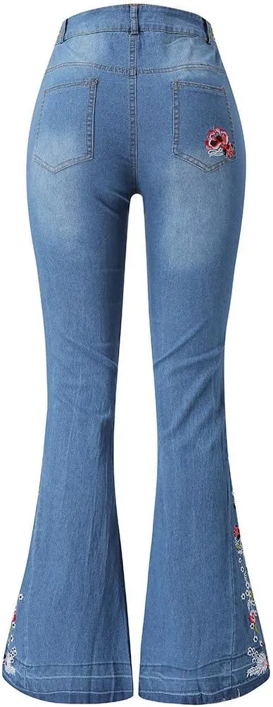 Bell Bottom Jeans for Women Floral Embroidered Jean High RiseFlare Jeans Y2K Wide Leg Denim Pants 70S Outfits