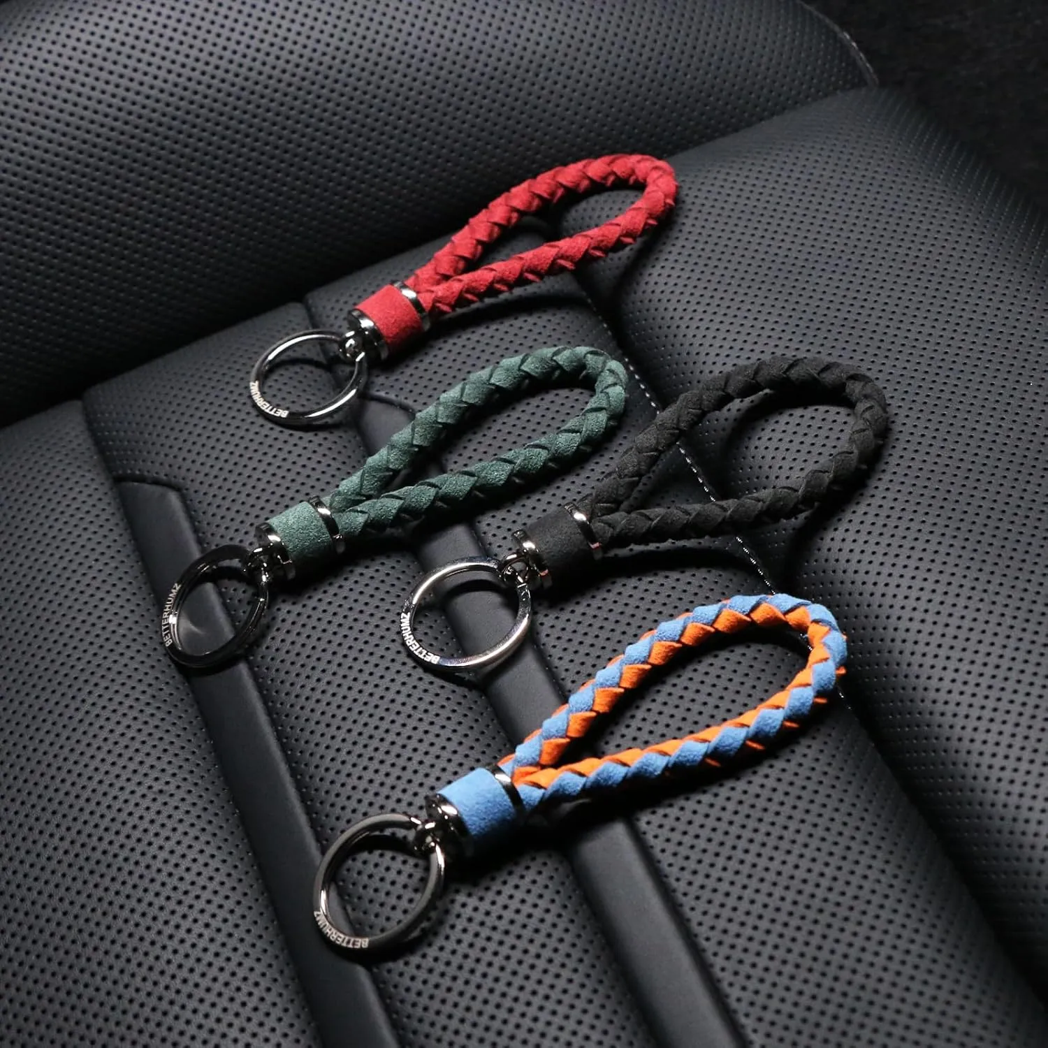 BETTERHUMZ Leather Key Fob Car Weave Keychain Ring Woven Strap Braided Key Chain for Alcantara Accessories