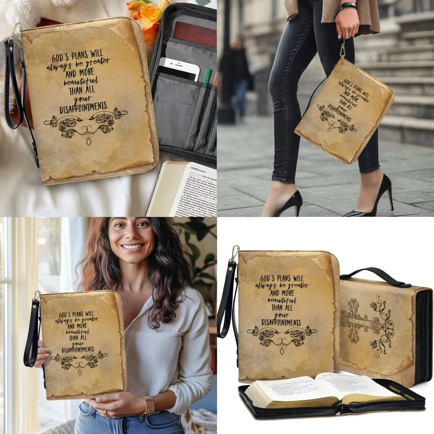 Bible Covers for Women,PU Bible Bags with Handle & Wristlet Strap, Bible Carrying Case and Bookmark Set