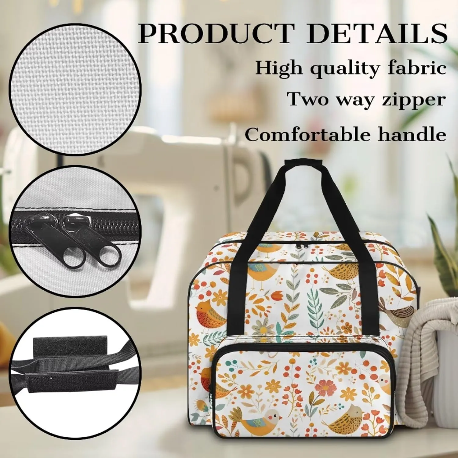 Bird Flower Sewing Machine Tote Bag Portable Carrying Case with Anti-slip Bottom Compatible with Most Standard Sewing Machine and Supplies