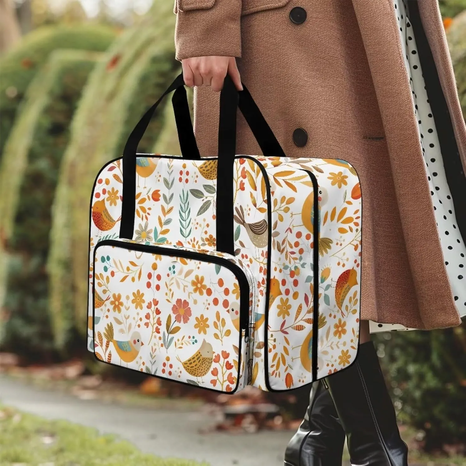 Bird Flower Sewing Machine Tote Bag Portable Carrying Case with Anti-slip Bottom Compatible with Most Standard Sewing Machine and Supplies