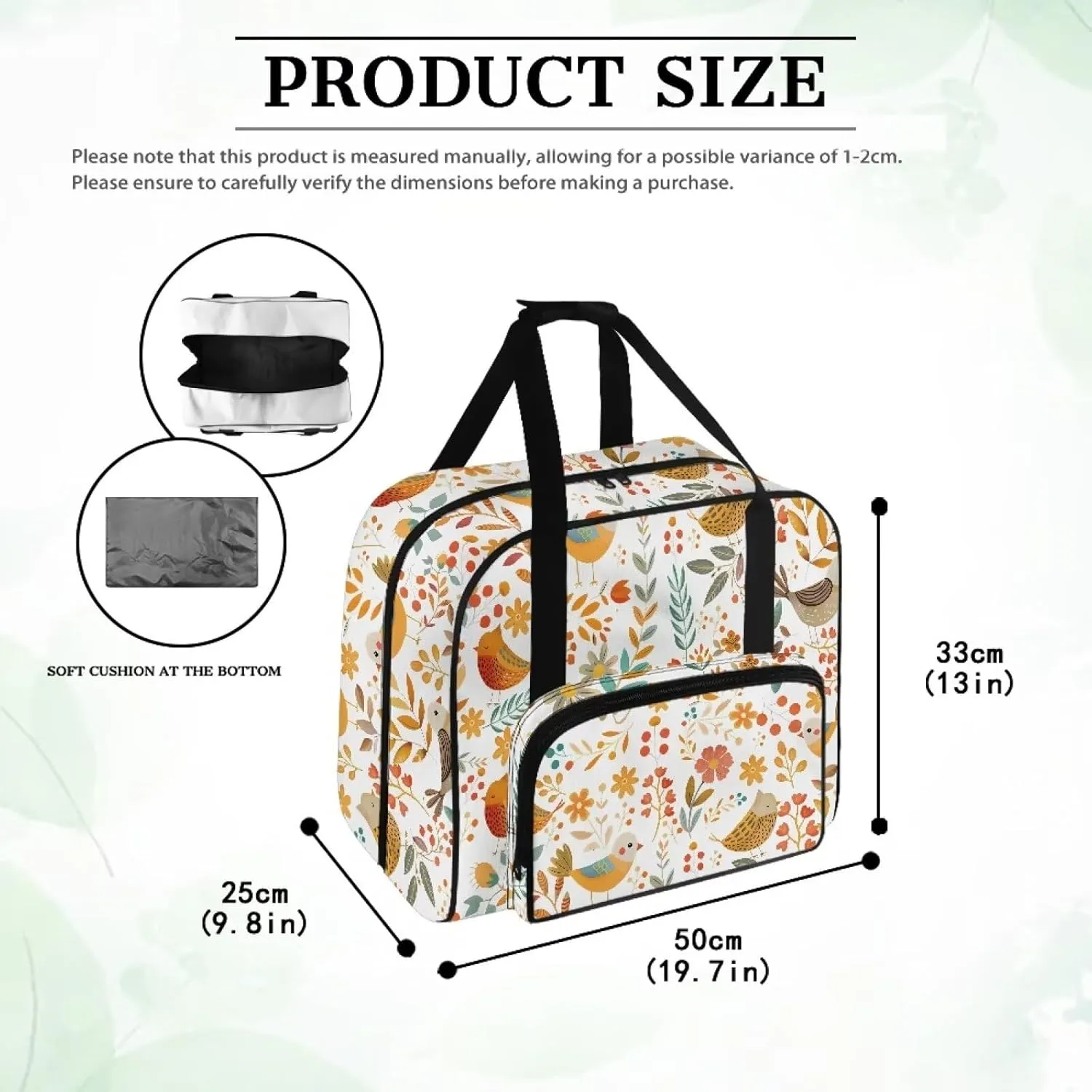 Bird Flower Sewing Machine Tote Bag Portable Carrying Case with Anti-slip Bottom Compatible with Most Standard Sewing Machine and Supplies