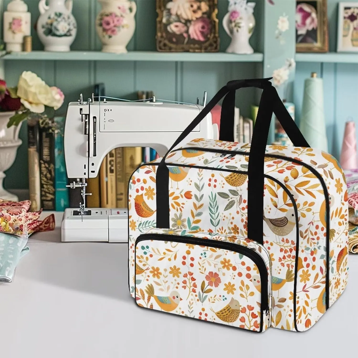 Bird Flower Sewing Machine Tote Bag Portable Carrying Case with Anti-slip Bottom Compatible with Most Standard Sewing Machine and Supplies