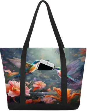 Bird Flower Shape Canvas Tote Bag Casual Shoulder Handbag Large Shopping Bags With 5 Pocket Carry On Weekender Backpack for Women Travel Work Gifts Duffle Grocery Compartment