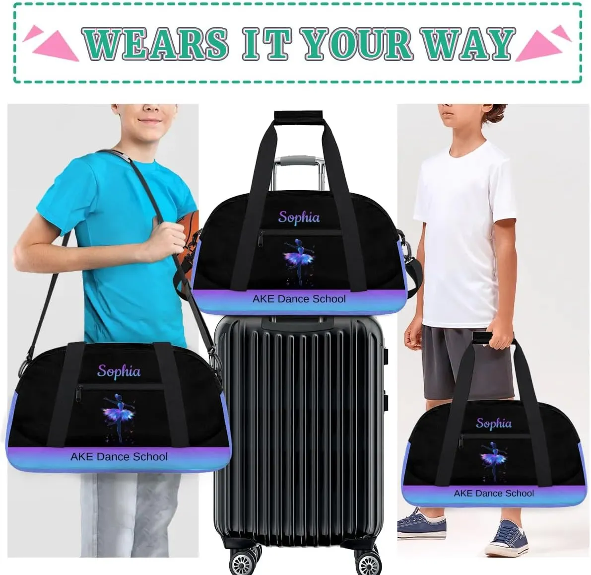 Black Dance-Bag for Kids Girls 8-10 Personalized-Duffel-Bag Small Gym-Bag with Name for Girls Dance Training Bag for Dancers