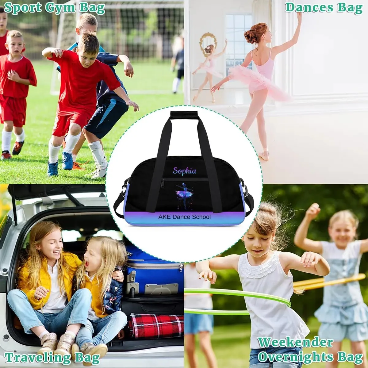 Black Dance-Bag for Kids Girls 8-10 Personalized-Duffel-Bag Small Gym-Bag with Name for Girls Dance Training Bag for Dancers
